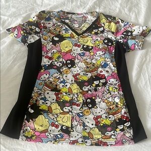 Colorful Hello Kitty and friends Cartoon Print Scrub Top